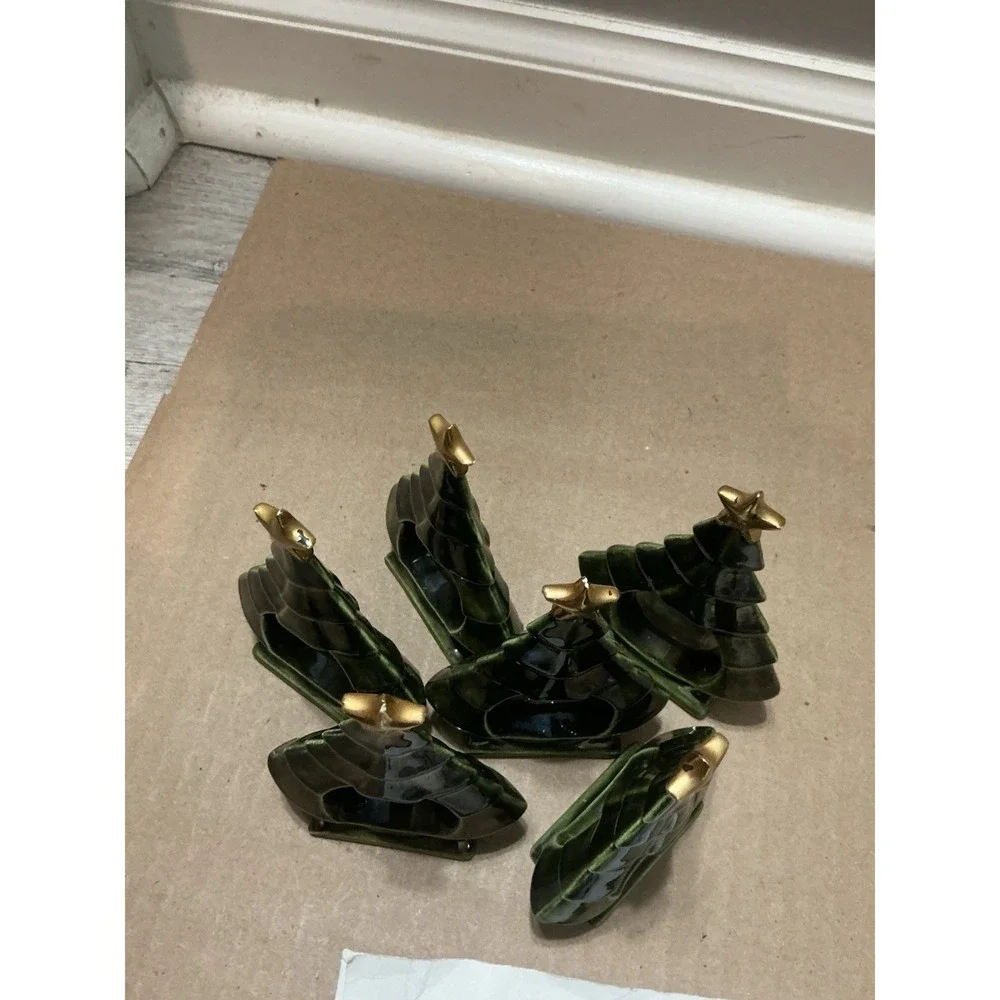 Christmas Green Tree Vintage Napkin Rings Holders Ceramic Star Lot of 6